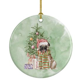 Pug Fawn Christmas Presents and Tree Ceramic Ornament Christmas Tree Hanging Decorations for Home Christmas Holiday, Party, Gift, 3 in, Multicolo