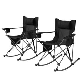 Folding Rocking Camping Chairs, Portable Chairs With Headrest, Cooler Bag, Cup Holder, Carry Bag, 2 Pack, Black (Color: Black)